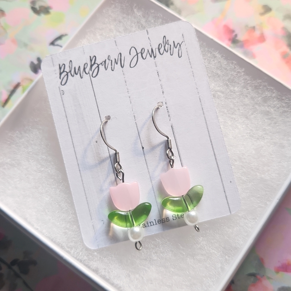 Handmade Tulip Earrings - Glass and Stainless Steel Flower Earrings